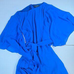 Lauren Ralph Lauren Blue Chiffon Flutter Sleeve Belted Dress Size 2